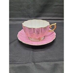 Vintage Opalescent Pink W/ Gold Gild Relco Porcelain Tea Cup And Saucer